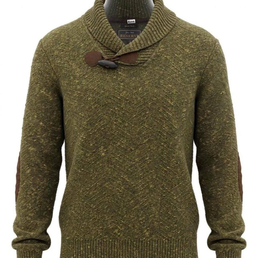 Jos A Bank Reserve Sweater Mens XL Olive Green Shawl Collar Toggle Elbow Patch